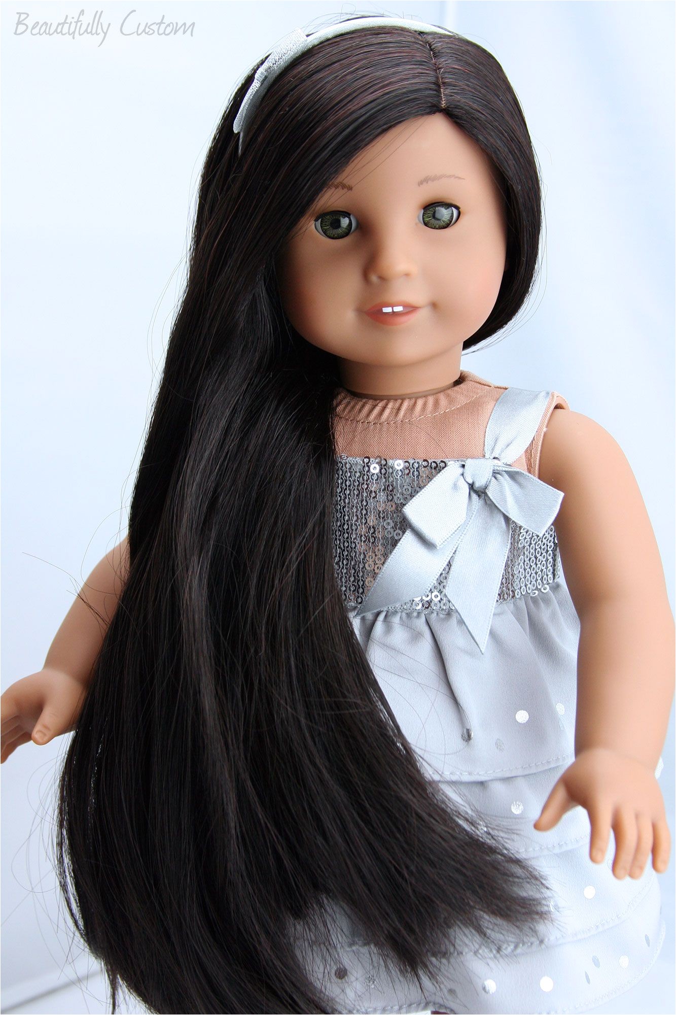 Custom American Girl Doll Hazel Green Eyes Medium Skin Long Black Hair