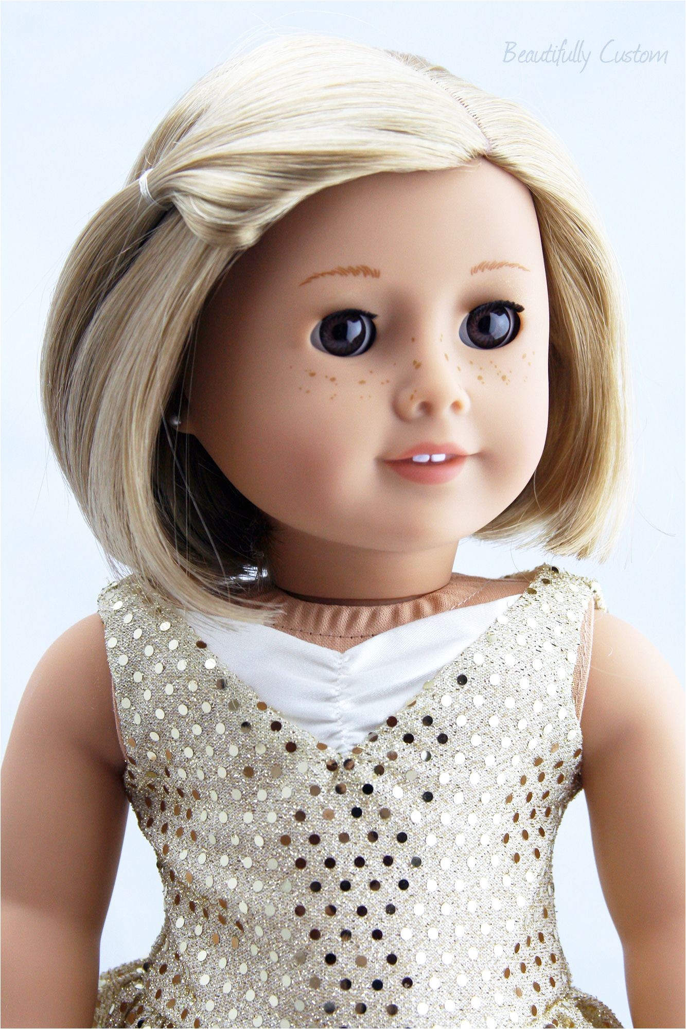 Custom Kit Custom Kit with Julie brown eyes freckles short blonde hair subtle gold eye shadow adds to her glow