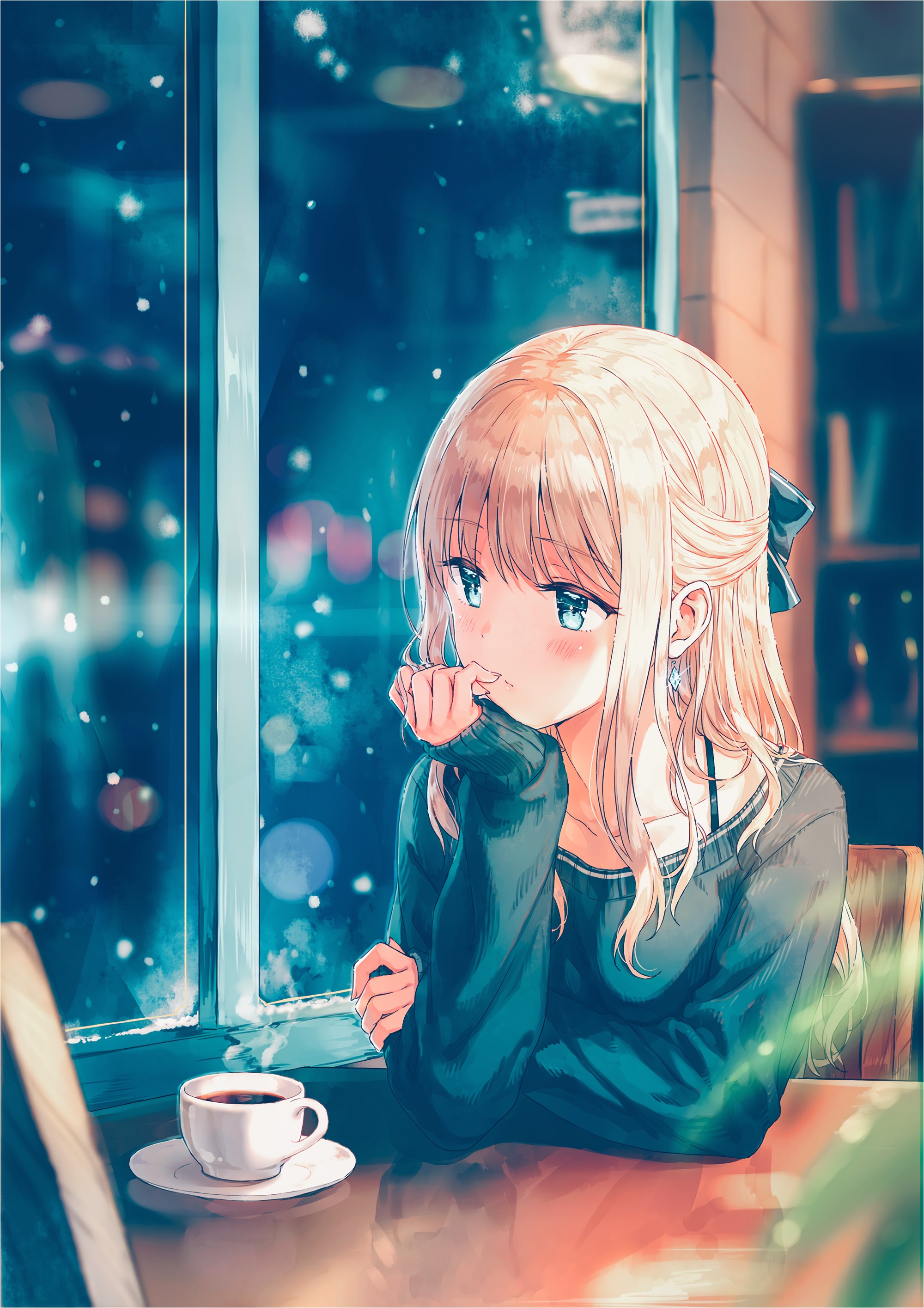 Anime 2000x2830 anime anime girls long hair blonde sweater snow aqua eyes coffee