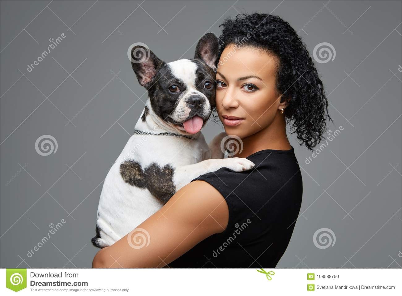 Download Young Woman With French Bulldog Dog Stock Image of afro girl