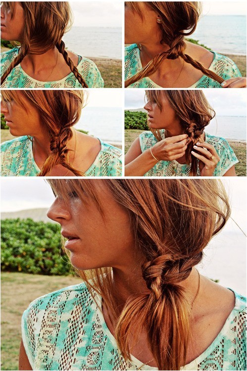 beach hairstyle ideas knotted braid side ponytail hairstyle tutorial