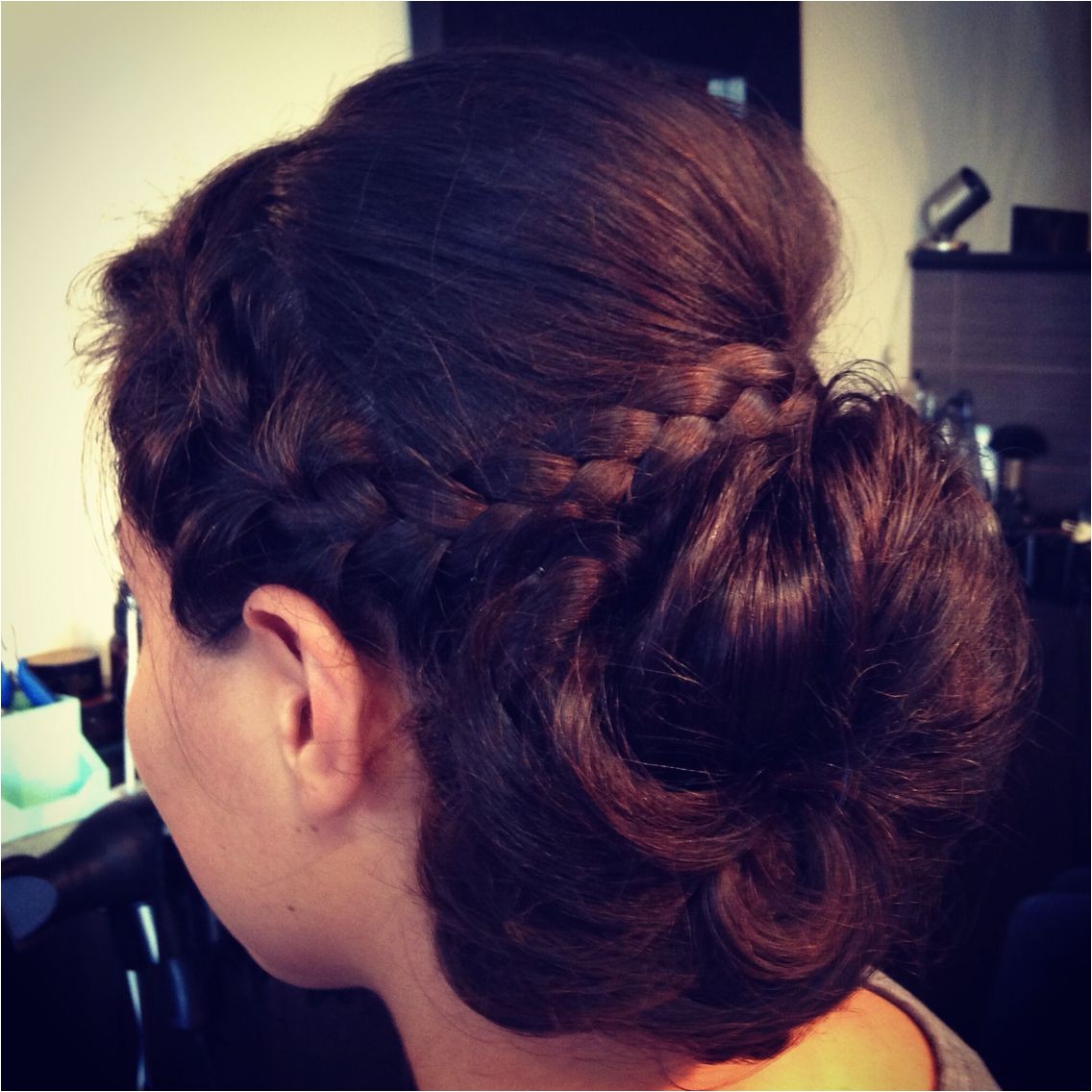 Halo braid sock bun French braid updo wedding hair by Soma Hair