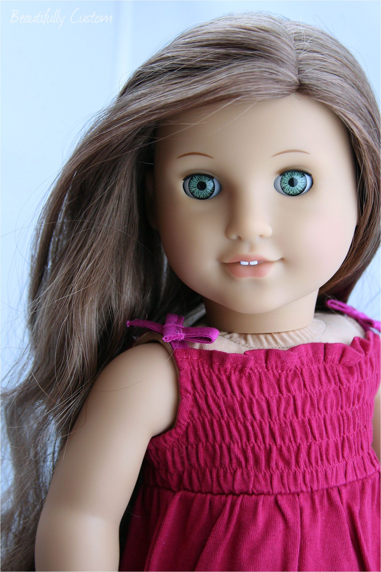 Custom OOAK American Girl Doll Aqua Mint Green Eyes and Long Caramel Brown Wavy Hair