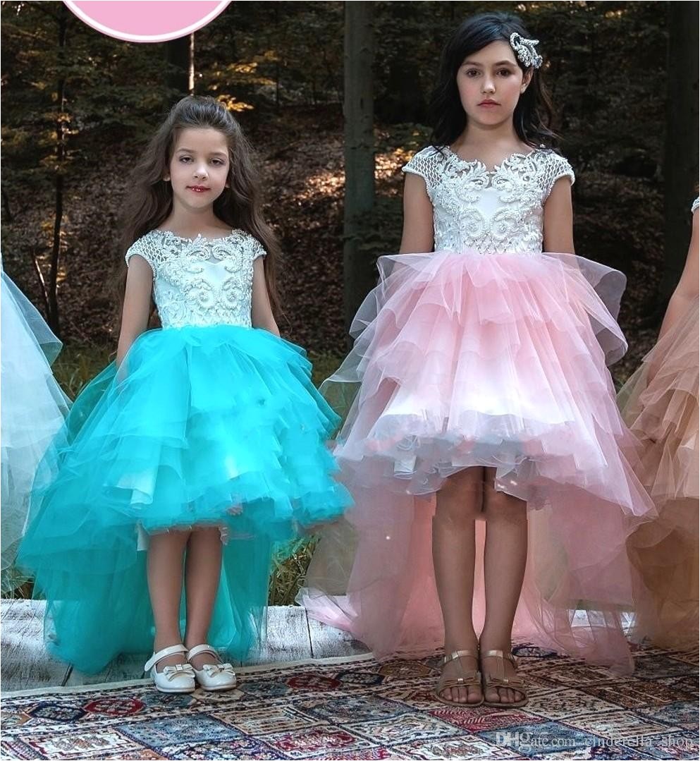 2018 Hi Lo Girls Pageant Dresses With Appliques Cap Sleeves Beaded Cascading Ruffles Flower Girls Child Birthday Party Wear Gowns Cheap Natural Beauty
