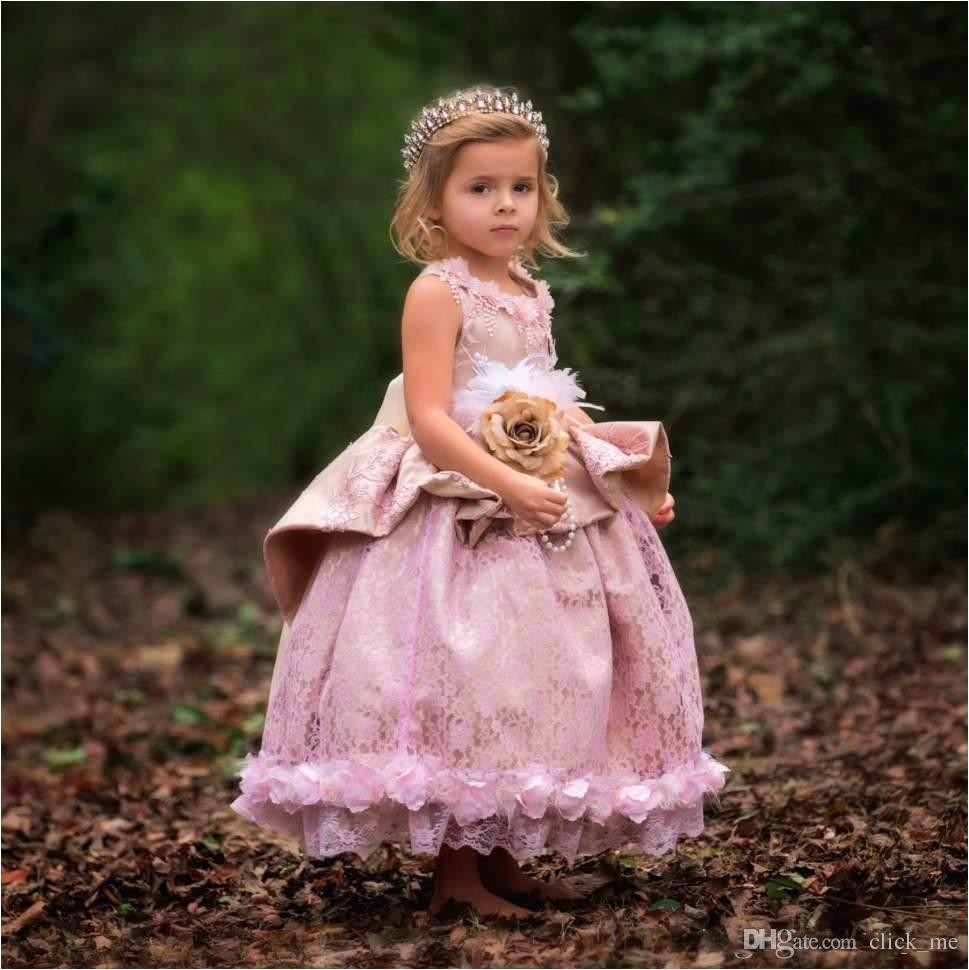 Blush Pink Ball Gown Girls Pageant Dresses With Handmade Flowers Ruffles Peplum Kids Birthday Dress Ankle