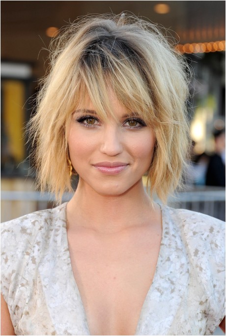 dianna agron layered short bob hairstyle with bangs