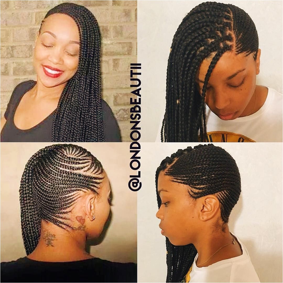 Feeding Cornrows X Single plaits inspired by Monica Brown left side Monica done by conteh hair braiding Done