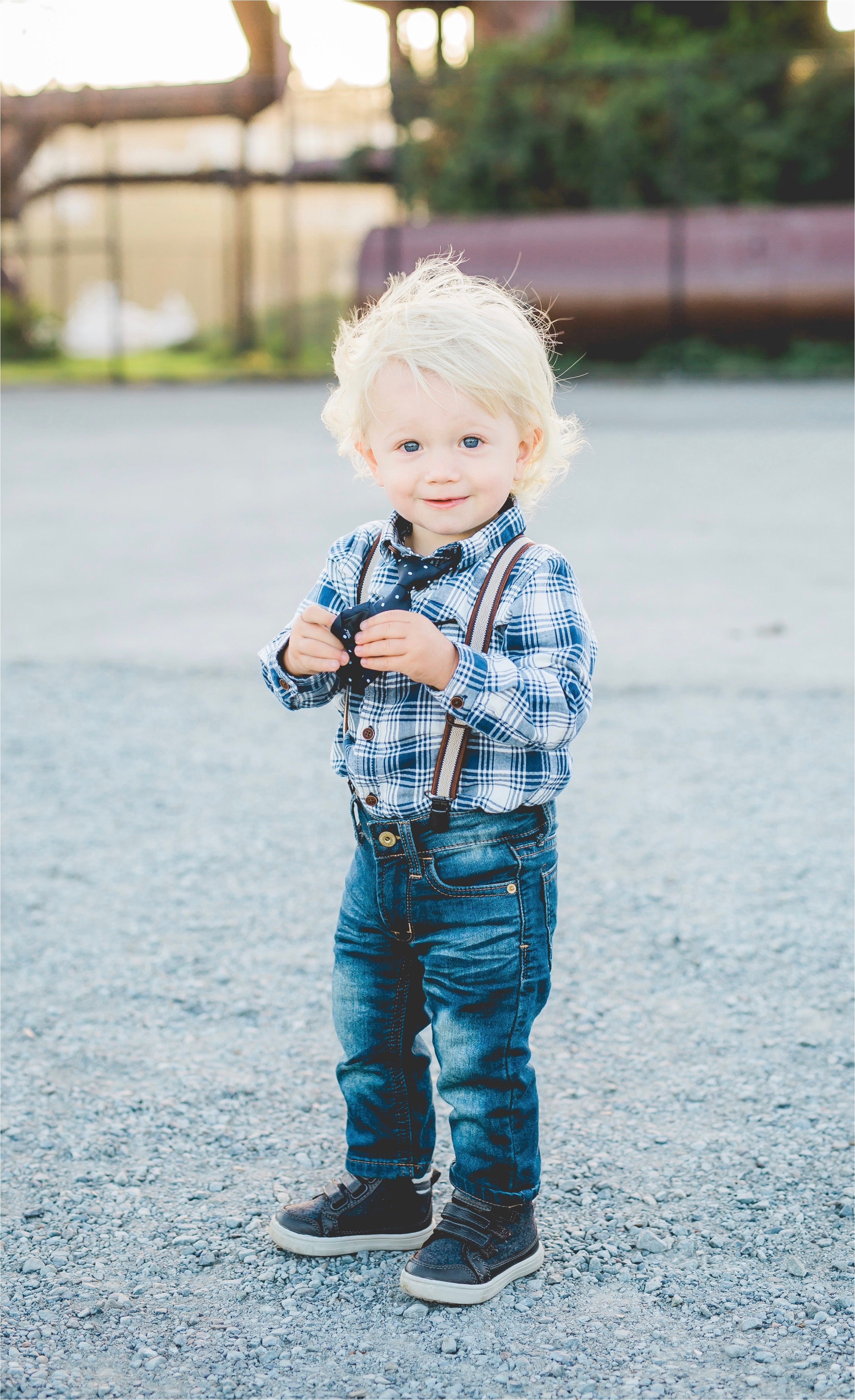 Toddler boy style skinny jeans tie suspenders blonde curly hair plaid