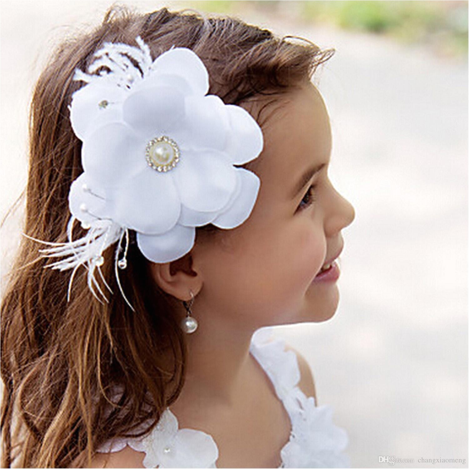 Wedding Party High Quality Fashion Plume Pearl Kids Lace Headwear Vintage Rhinestone Princess Hair Headbands Children Baby Girl White Cute Baby Hats Feather