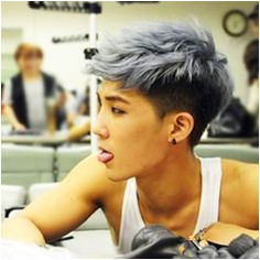 Asian mens undercut with bleached white purple top