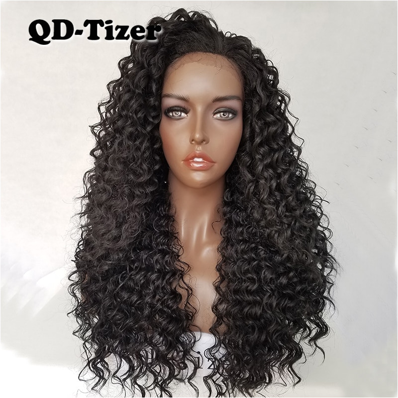 QD Tizer Kinky Curly Hair Lace Front Wigs Black Color Long Curl Wigs Heat Resistant Synthetic Lace Front Wigs for Black Women in Synthetic Lace Wigs from