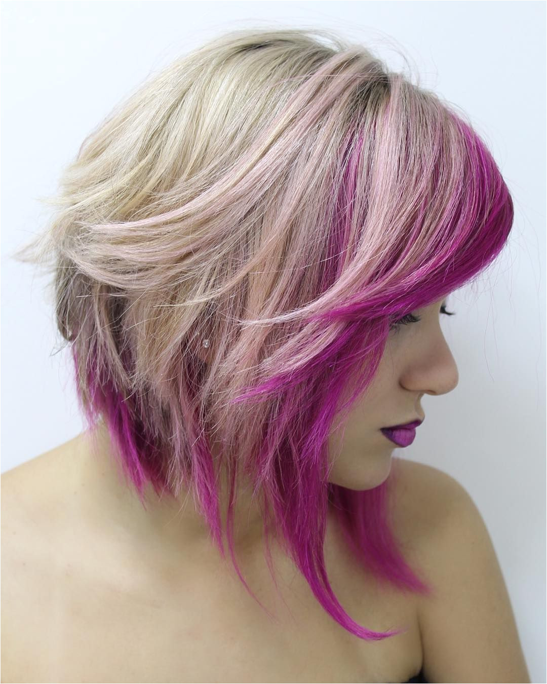Blonde Angled Lob With Pink Highlights