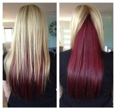 Long Straight Hair with Blonde on Top and Red Underneath