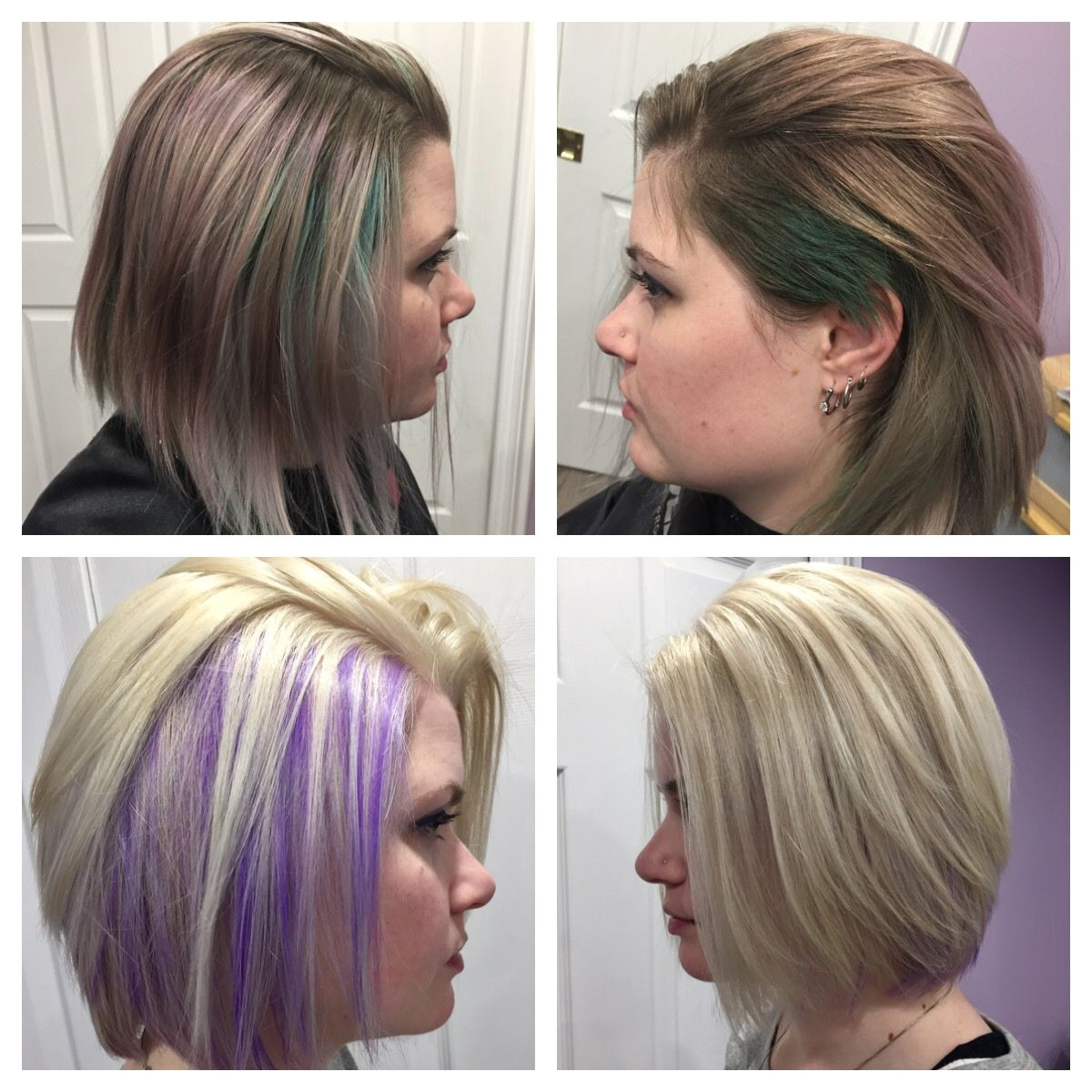 Hidden purple highlights under platinum blonde hair Bob haircut with layers in the back