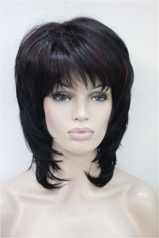 medium length black with dark burgundy highlight layered 15 long synthetic wig
