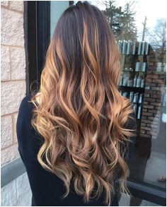 long curly hairstyle dirty blonde honey caramel balayage dark root