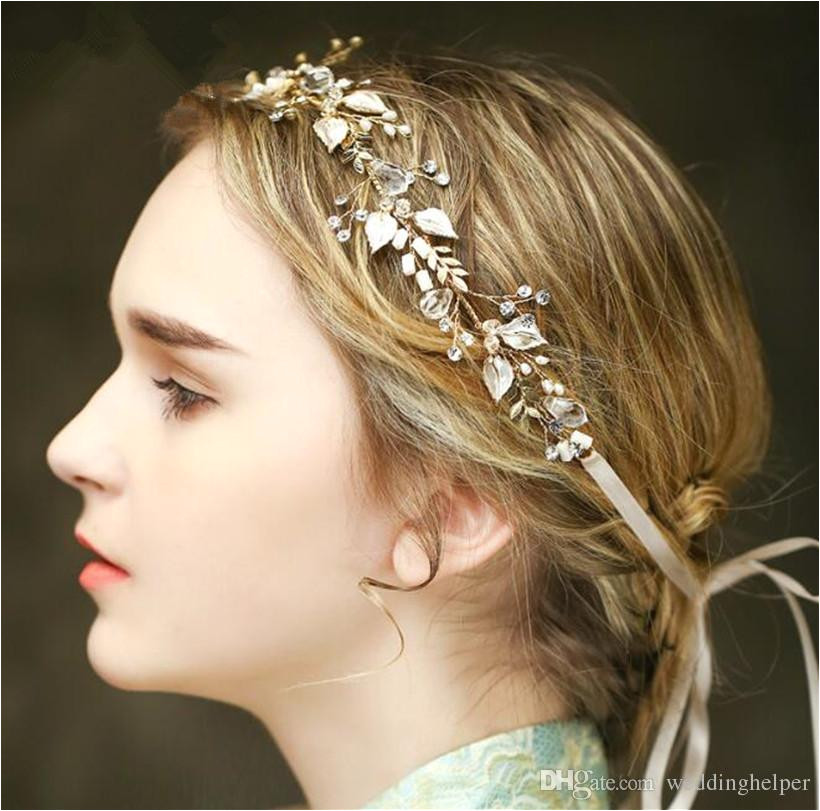 Vintage Wedding Bridal Crystal Headband Ribbon Rhinestone Crown Tiara Hair Band Jewelry Gold Leaf Pearl Hair Accessories Headdress Piece Wedding Brooches