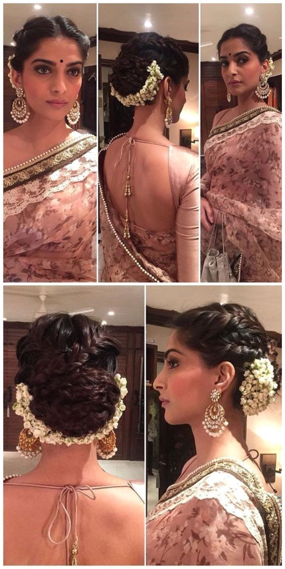 Sonam Kapoor s hairstyle is on fleek for a wedding Love the braided updo plete with gajra Makeup is on point too Indian Bollywood fashion