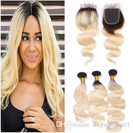 Dark Root 1B 613 Blonde Ombre Peruvian Human Hair Weave Bundles With Closure Ombre Bleach Blonde Virgin Hair 3Bundles With Lace Closure 4x4 Curly Hair Weave