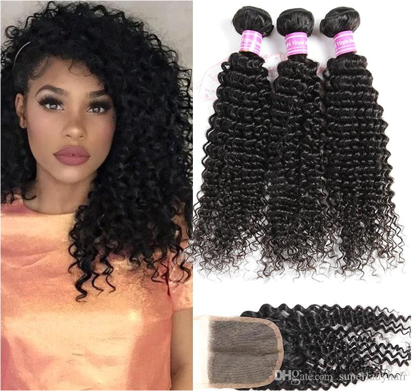 8A Brazilian Virgin Kinky Curly Human Hair Bundles With Closure Unprocessed 3bundles With 4 4 Free Part Lace Closure Remy Human Hair Wefts Hair Extensions