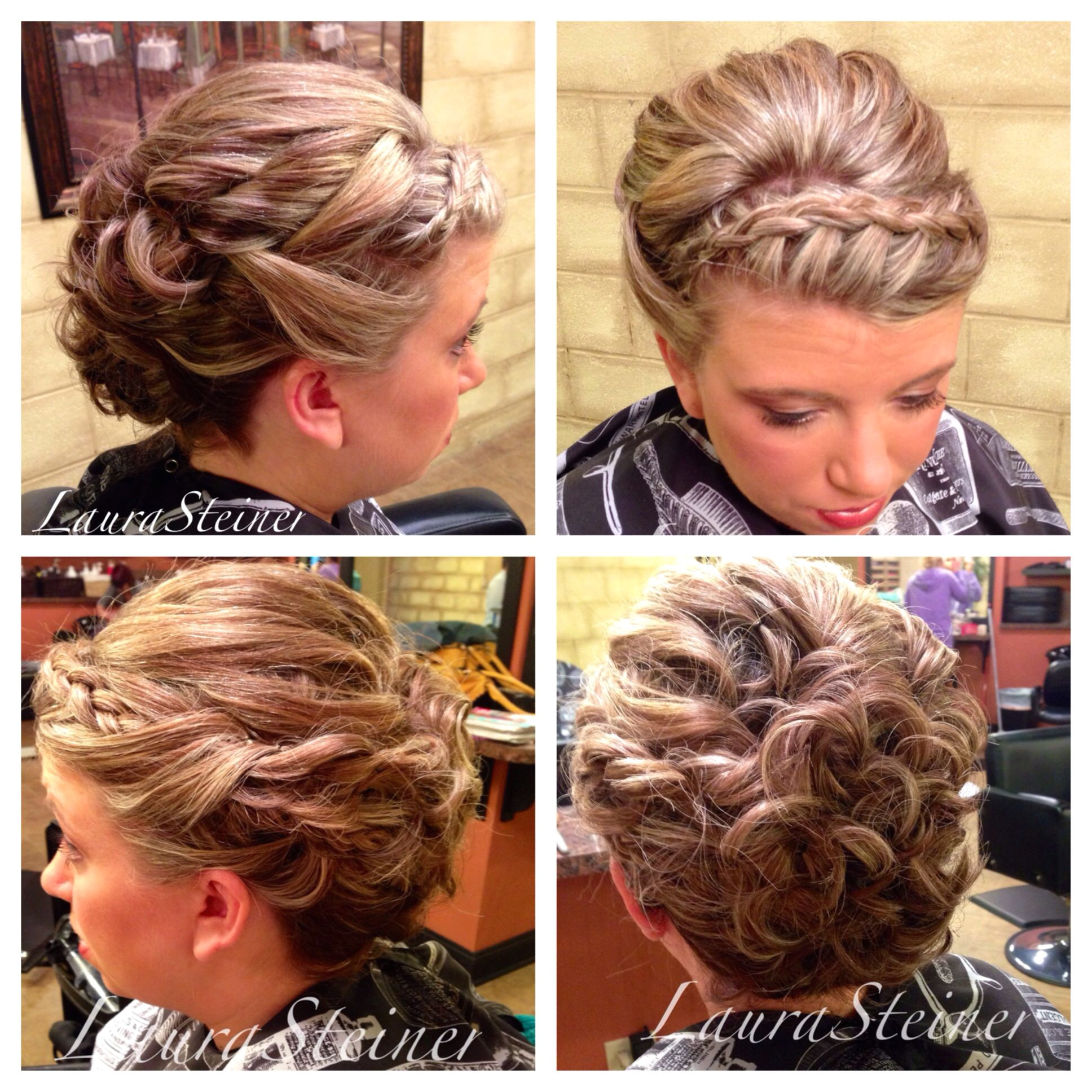Wedding updo with headband style braid volume at the crown and curls Another client with hair above the shoulders styled to help the hair appear longer