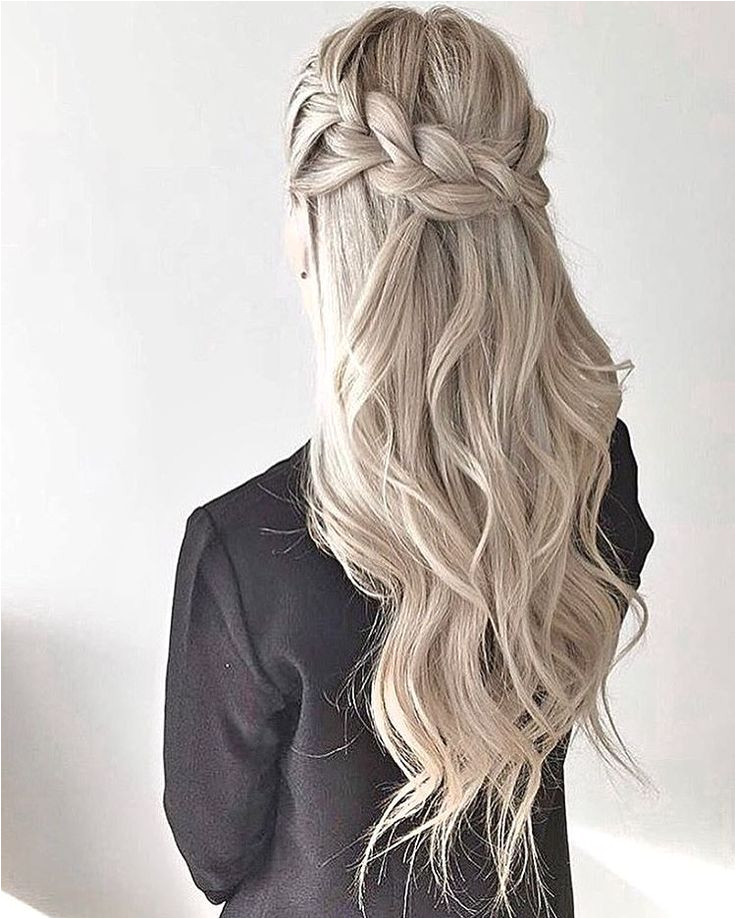 thick crown braid waves half up half down style