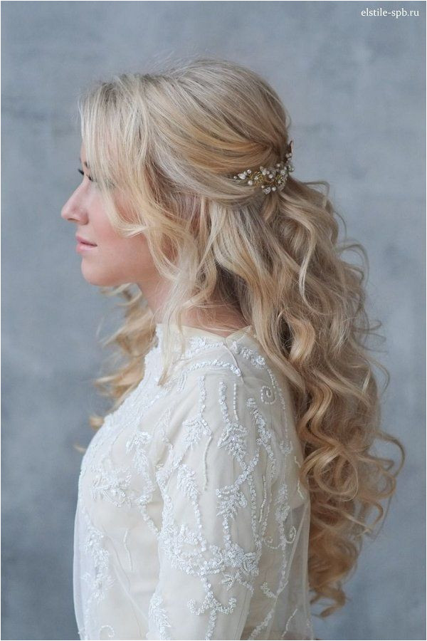Bridal Hairstyles Inspiration long wavy half up half down wedding hairstyle with pearl headpiece Long
