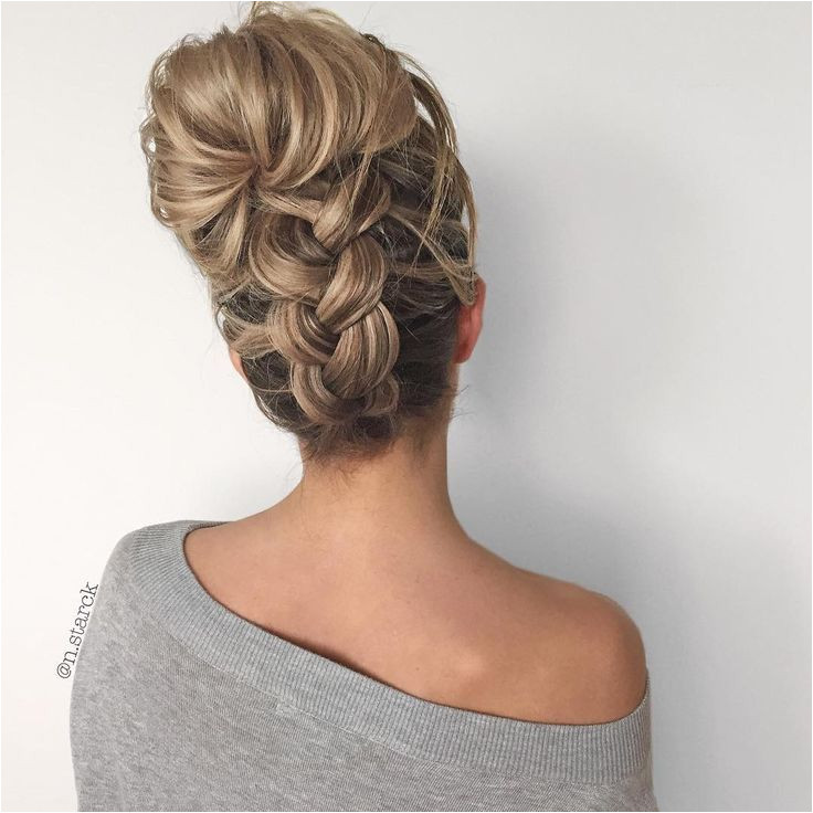 upside down chunky braid into a messy bun