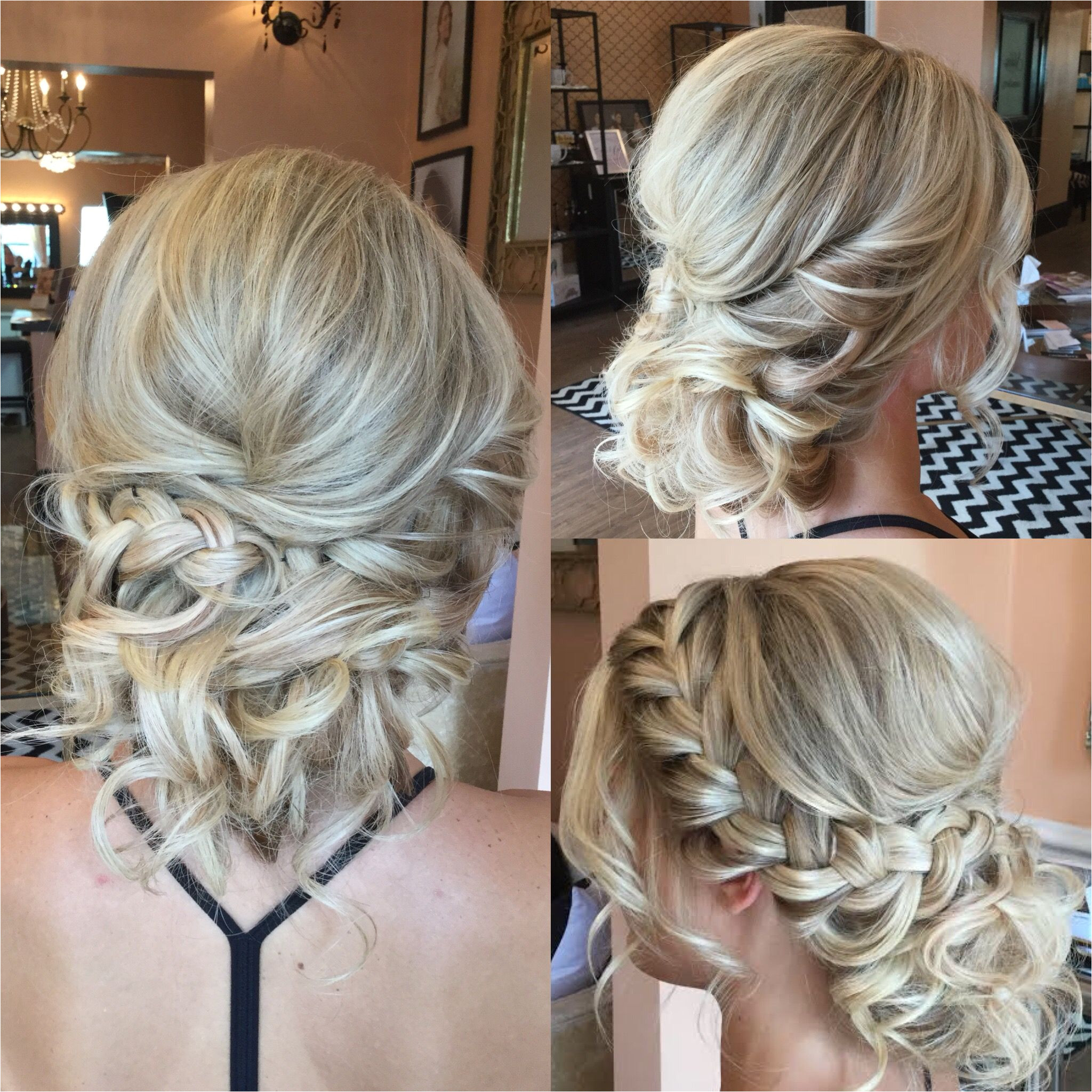 Textured up do for blondes with curls and side braid Bridal & formal hairstyle