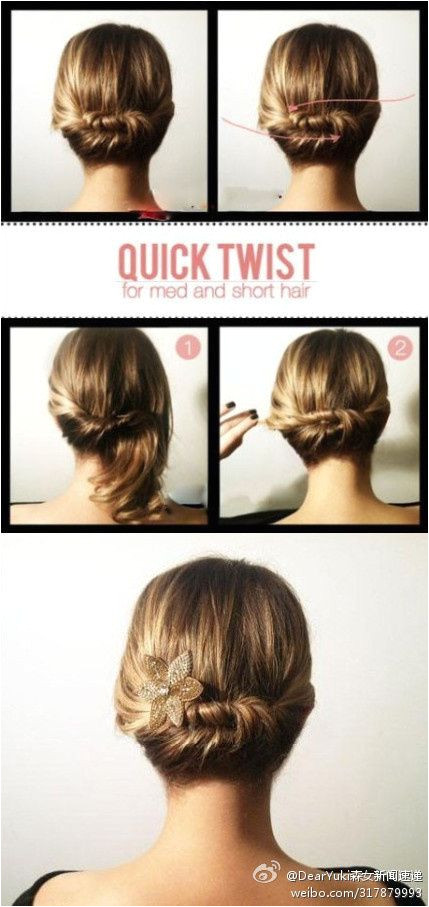 Part hair twist one half and pin twist the other half and pin behind first decorate with a barrette Quick twist bun for medium length hair