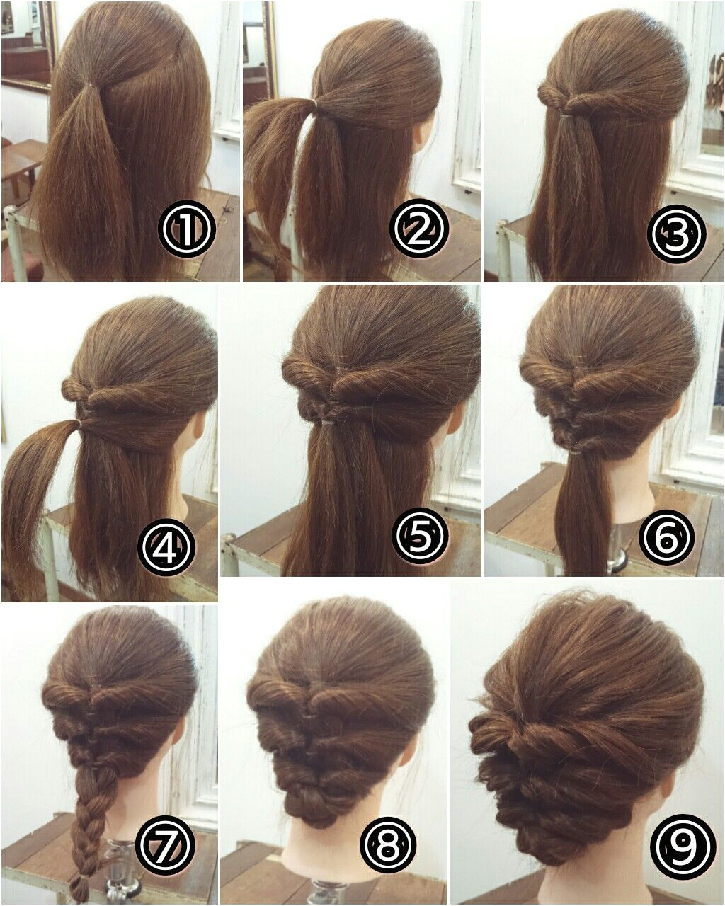 Step by step hair updo finish braid