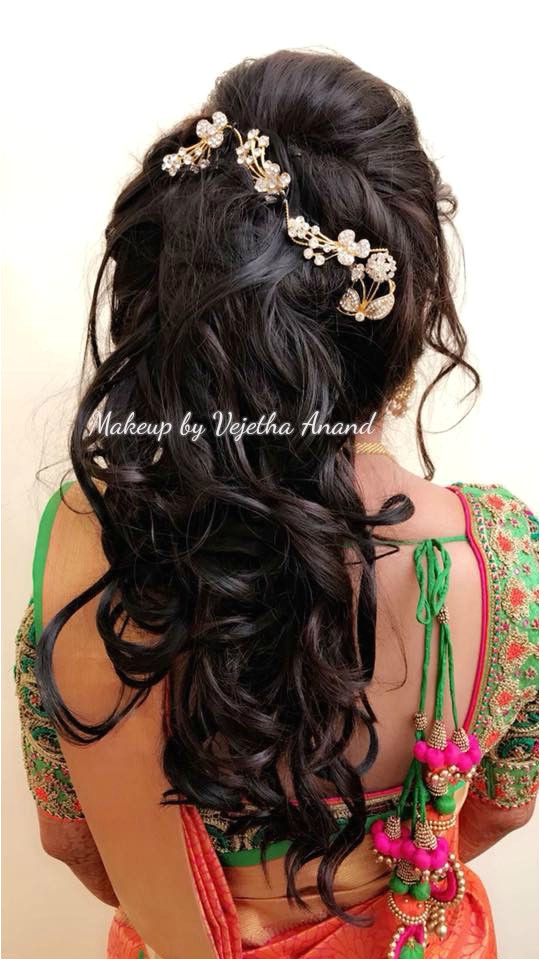 Romantic bridal updo by Vejetha for Swank Bridal hairstyle Curls Hair accessory Bridal silk saree Saree blouse design South Indian bride Bridal updo