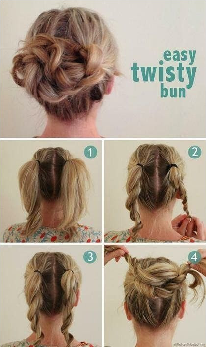 Easy Twisty Bun Tie hair into two pony tails braid them down to the tips and tie with transparent elastic band Twist two braids to her and secure