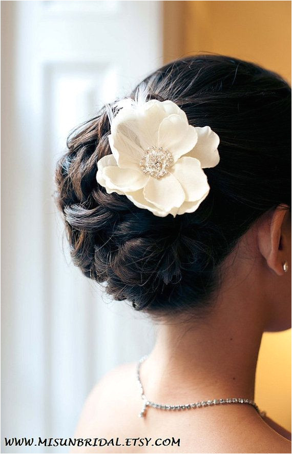 Petite Ivory Flower with rhinestone and feathers Bridal Hair Updo Bridal Makeup Wedding Hair