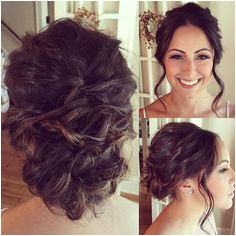 Bridal Updo Brunette Wedding Hairstyle curled with the Bellami iron pulled back into a medium height bun with two side pieces left down Products Used