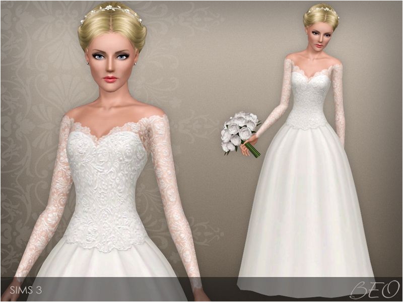 Wedding dress presented in 1 variant Lace top with deep low neck long sleeves and a lush skirt Recolorable 3 canals Found in TSR Category Sims 3 Female