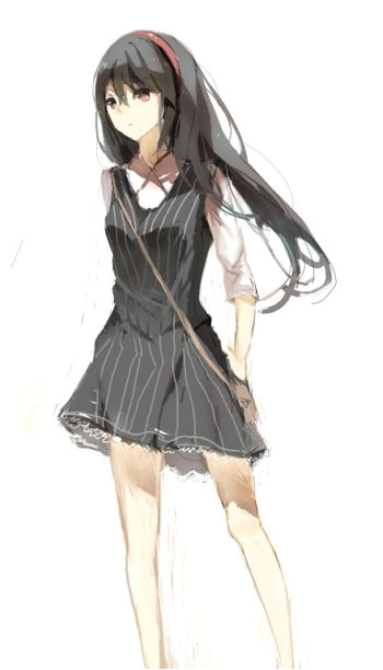 Pretty female character with long black hair and short black dress