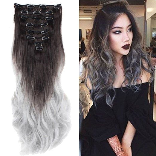 S noilite 24" Ombre Dip Dye Long Curly Clip in Hair Extensions Two Tone Thick Full Head Synthetic Hairpieces Dark Brown to Silver Gery Women Fashion