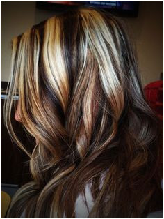 multicolored streaked hair dark brunette and chocolate brown light blonde and platinum brown hair with blonde highlights worn by woman in facing to one