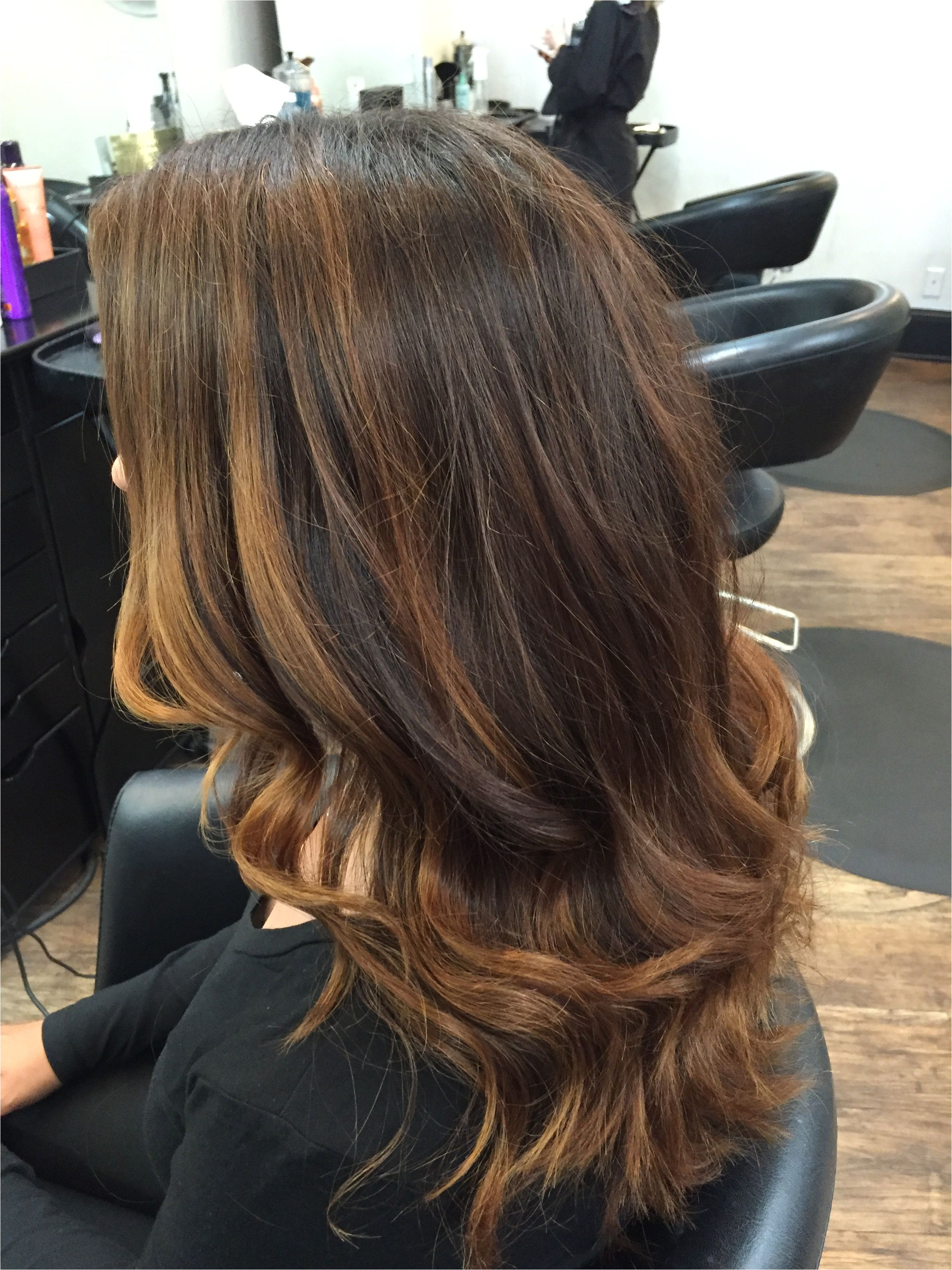 rich coppery chocolate brown natural base color with balayage highlights