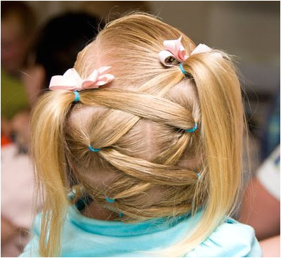 Weaved hair from the bottom up I don t think I would leave pig tails through Maybe rosettes