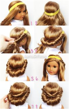 Wrapped Headband Updo American Girl Doll Hairstyle click through for tutorial Ag Doll Hairstyles