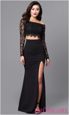 Two piece lace prom dress with long sheer lace sleeves has an off the shoulder
