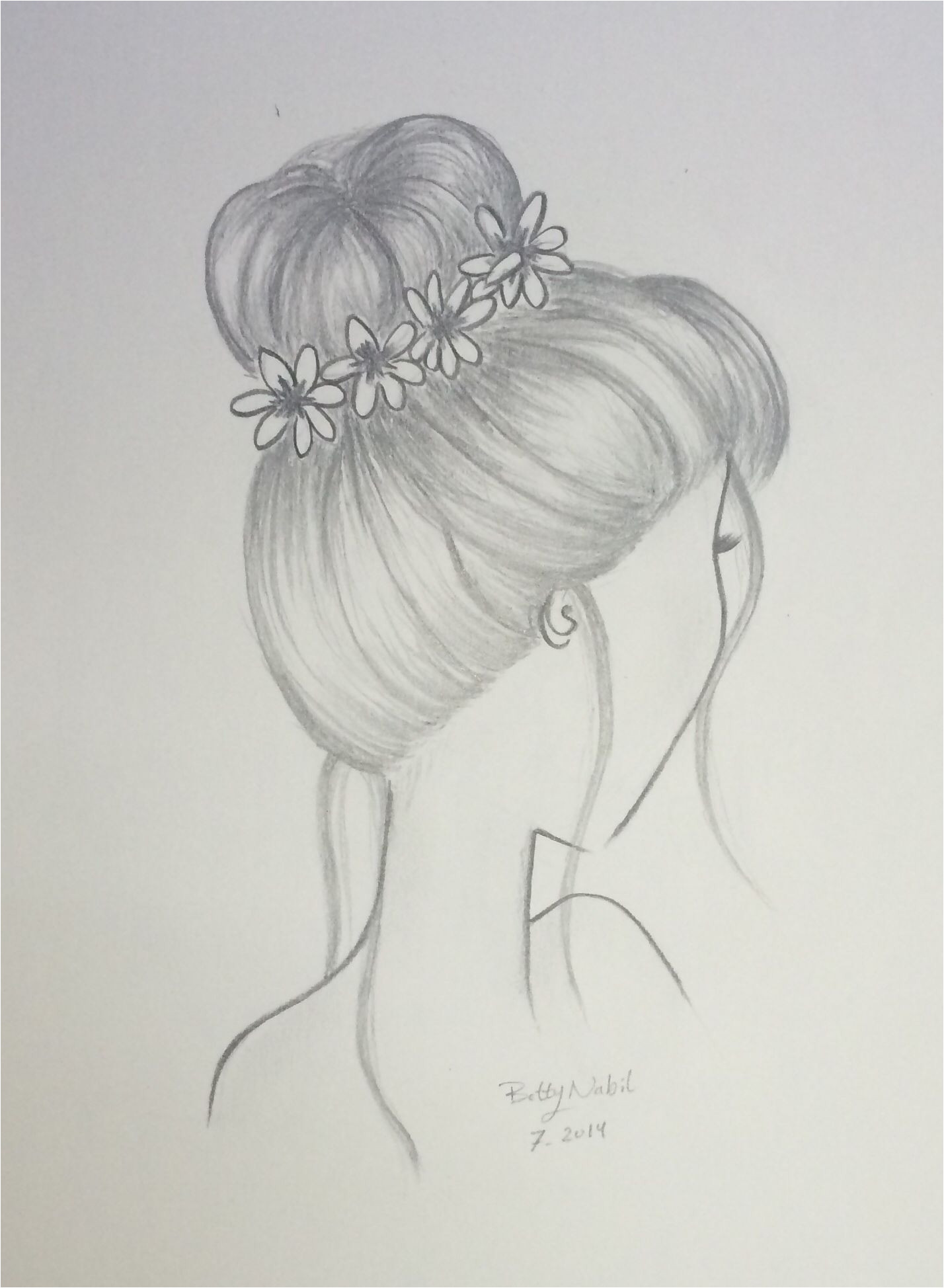 Draw hair Bun hairstyle with flowers