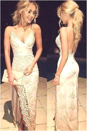 2017 Fabulous Spaghetti Straps Prom Dress Lace Prom Dress Front Split Prom Dresses Prom Gowns PromHairstyles prom hairstyles in 2018