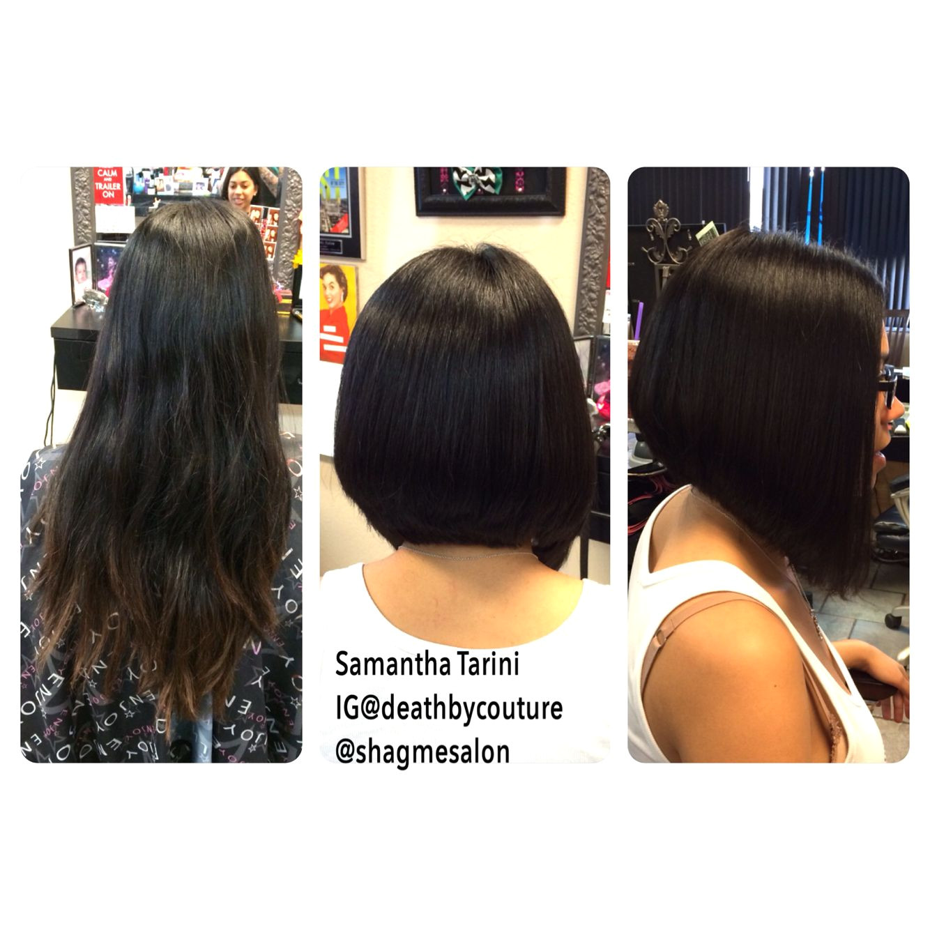 Long hair cut into a short extreme a line bob Done by Samantha Tarini at Shag Me Salon in Las Vegas NV