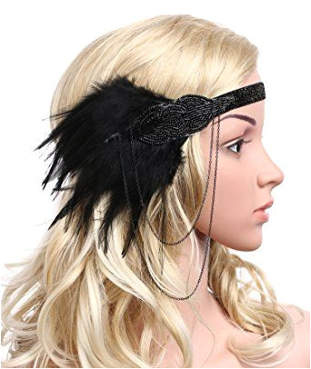 BABEYOND 1920s Flapper Headband Roaring 20s Great Gatsby Headpiece Beaded Black Feather Headband 1920s Flapper Gatsby Hair Accessories Review