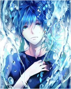 Anime boy crying sad blue hair blue eyes water Anime
