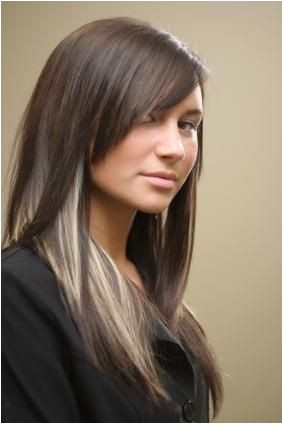 Brown blonde streaks peaking Tapered angled bang along face
