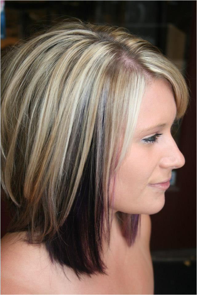 Highlights with color blocked black and purple underneath Cute but I am scared of blonde Hairstyles